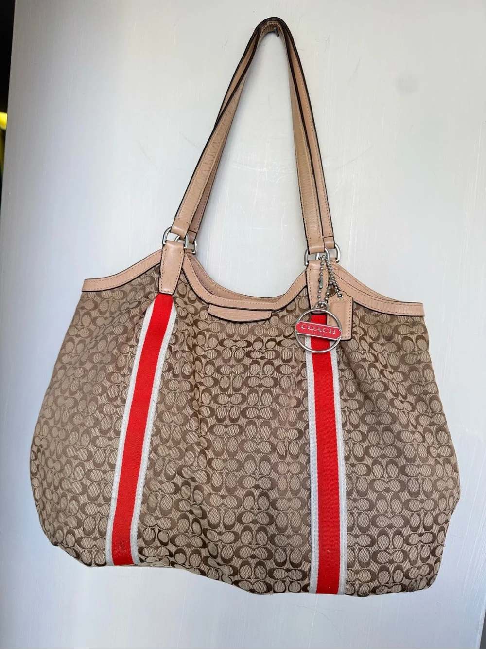 Coach Beige Signature Tote with Red Stripe Accents